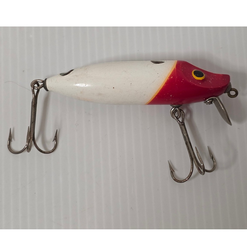 Heddon Fishing Lure 2.5in Red White Fair River Runt Spook Wooden early 1900s
